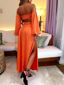 Vestido naranja elegante de hombros descubiertos para mujer, diseño de cintura hueca y abertura alta, adecuado para la playa, vacaciones y viajes en primavera y verano - Naranja - Ver 9