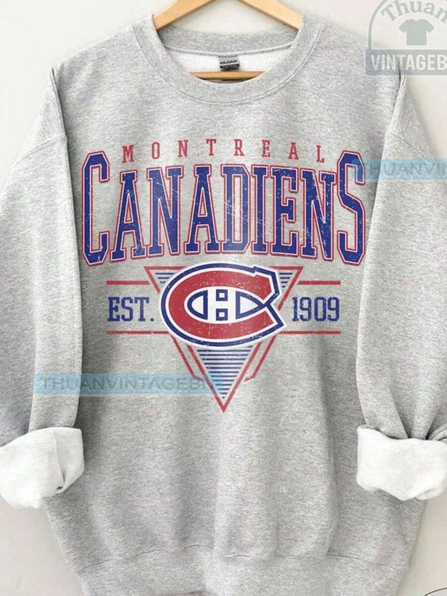 Montreal Canadiens Crewneck, Vintage Montreal Hockey Youth Sweatshirt, Montreal Hockey Tee, Canadiens Hockey Hoodie Sweater - 灰色 - 查看 1