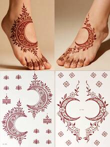 2pcs Maroon Temorary Tattoo Stickers - Sexy Moon & Floral Patterns For Foot & Hand, DIY Mehndi Design, Fake Tattoos, For Women Body Parties Makeup - Brown - View 2