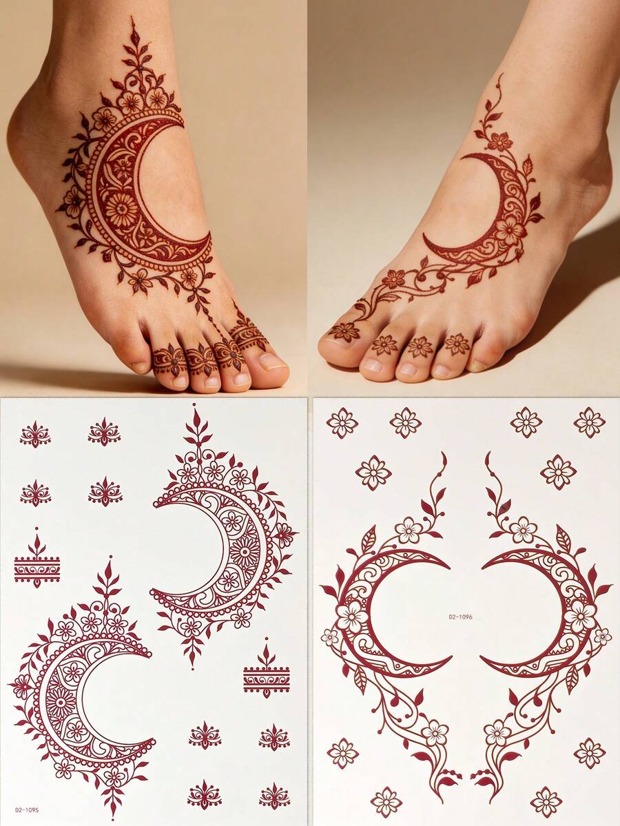 2pcs Maroon Temorary Tattoo Stickers - Sexy Moon & Floral Patterns For Foot & Hand, DIY Mehndi Design, Fake Tattoos, For Women Body Parties Makeup