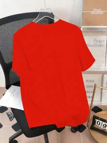 男士大码休闲圆领T恤，涤纶针织面料，舒适透气，时尚撞色格纹印花，趣味卡通牛武士图案设计，新颖上衣 - 紅色 - 查看 4