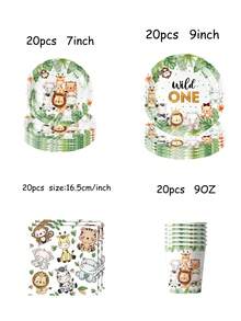 10/20/40/50/60/80pcs Disposable Paper Tableware Set Jungle Safari Wild One Party Supplies: 80 Pieces Set Of Paper Plates, Cups, And Napkins For First Birthday Party Decorations - Multicolor - View 6