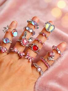 10件/套 时尚Y2K粉色水钻女孩戒指套装 可爱蝴蝶结手指饰品 派对日常朋友礼物配饰 - 粉紅色水鑽銀尾戒 - 查看 4