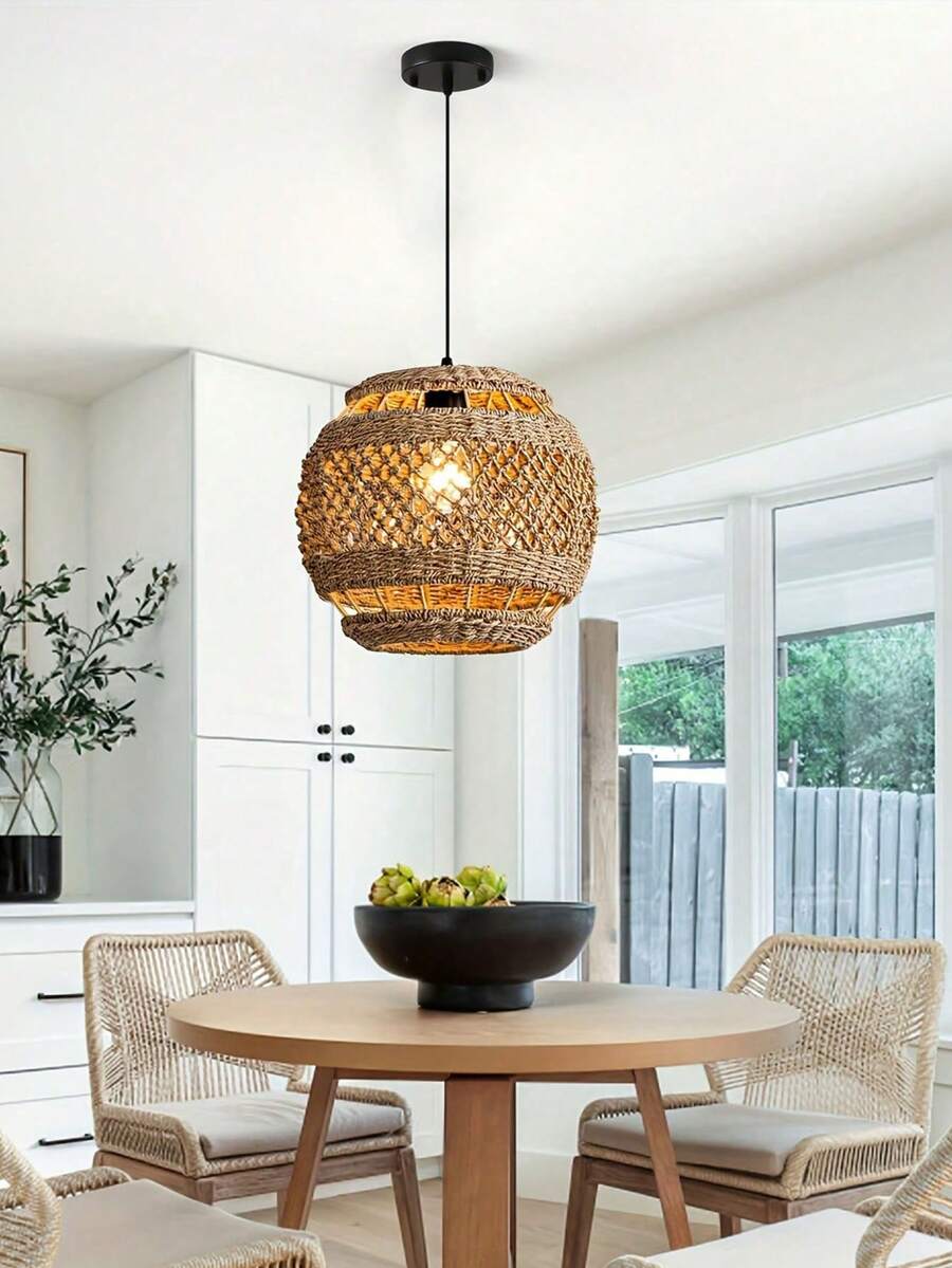 13.77-Inch Handwoven Willow Rattan Pendant Light, Bohemian 1-Light Modern Coastal Hanging Lamp, Suitable For Dining Room, Bedroom, Kitchen, Farmhouse, 1 Pack - 35cm Diameter Hollow - View 1