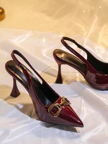 女士尖头金属搭扣高跟派对鞋 - 酒紅色 - 查看 3