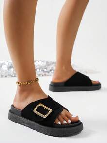 New Fashion Metal Buckle Decor Open Toe Platform Slide Sandals, Comfortable Non-Slip, Versatile & Easy To Clean, Suitable For Beach & Daily Wear - Black - View 2
