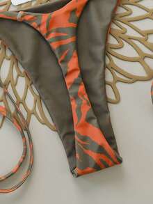 两件套全印花露背系带比基尼泳衣，性感迷人，适合夏季假期在海滩、舞台和音乐会等场合穿着。 - 橘色 - 查看 4