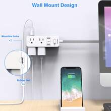 JcBlaon Power Strip Surge Protector - 6 Widely Outlets With 3 USB Ports (1 USB C), 3-Side Outlet Extender Strip, 5 Ft Extension Cord Flat Plug, Wall Mount Small Power Strip For Travel Home Office College Dorm - View 6