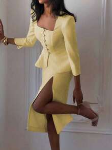 两件套魅力套装，法式优雅日常通勤商务精致复古风约会装：收腰七分袖方领上衣 + 直筒铅笔中长裙，精致通勤套装 - 淡黃色 - 查看 4