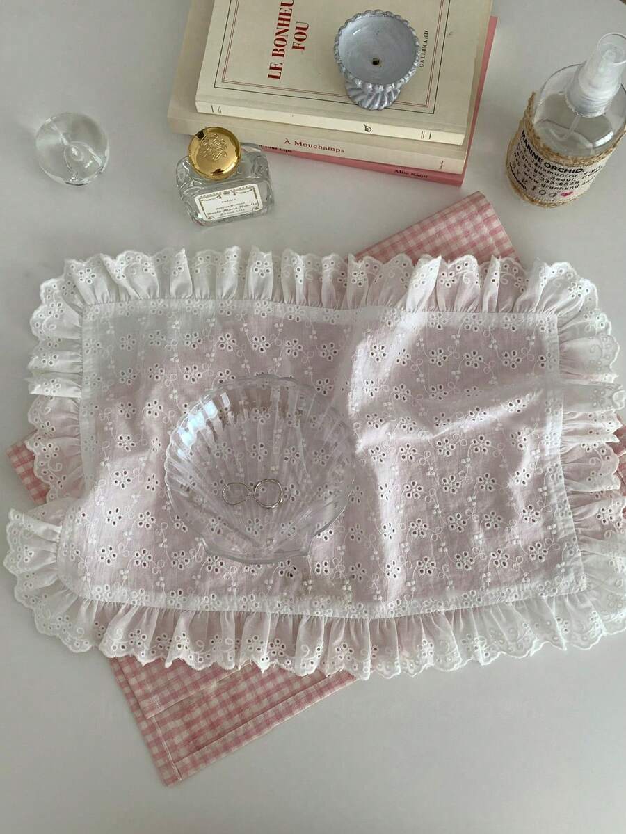1pc/2pcs/6pcs Floral Embroidered Lace Decor Placemats & Napkins, Minimalist Ins Style Photo Backdrop - White - View 1