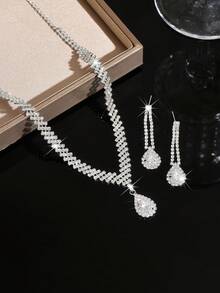 3pcs/Set Silver Metal Rhinestone Necklace, Earrings And Bracelet Jewelry Set, Bridal Wedding Accessories - 1769 Silver Necklace and Earring Set - View 4