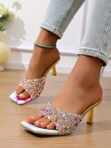 Giày sandal cao gót nữ, thiết kế đính sequin nhiều màu sắc, mũi vuông, gót thấp, sandal vàng, thanh lịch và thời trang, sandal công chúa mùa hè đính đá lấp lánh, lý tưởng cho các dịp trang trọng như đám cưới, tiệc tùng, hẹn hò. Thiết kế xỏ chân tiện lợi, giày cao gót và dép cao gót đính pha lê nhiều màu sắc, hoàn hảo cho những buổi khiêu vũ cuối tuần. - Nhiều màu - Xem 6