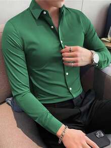 NITAGUT 男士休闲纯色缎面衬衫，春秋装，秋季