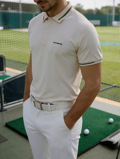 Men's Casual Polo Shirt, Short Sleeves, Stand-Up Collar With Green Trim. Comfortable To Wear, Versatile And Practical, Suitable For Business Settings, Sports, Gatherings, Parties, And Spring/Summer Seasons.