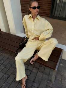 2pcs/Set Women Lightweight Breathable Flowy Wide Leg Pants + Loose Short Blouse, Elegant Vacation Style Spring - Light Yellow - View 2