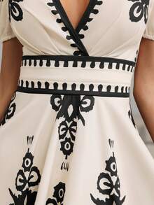 女士复古印花休闲度假迷你连衣裙 – 前腰褶裥、泡泡袖、轻松打造时尚造型 - 杏色 - 查看 8