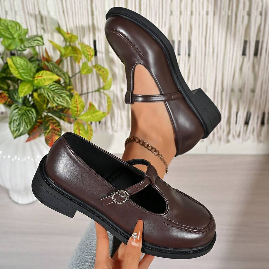 Retro British Style Mary Jane Shoes, Women's T-Strap Thick Heel Round Toe Slip-On Commuter Shoes - Brown - View 1