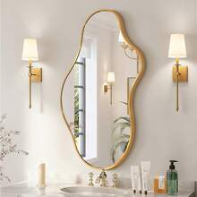 现代不对称壁镜，不对称装饰，抽象航空防破损铝合金框架壁镜，客厅，浴室，卧室，衣帽间，入口通道装饰波浪镜家居装饰返校房间装饰学校用品 - 金色 - 查看 12