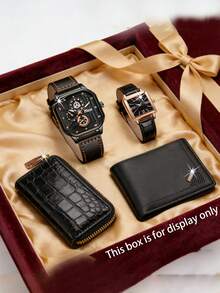 4pcs Luxury Couple Watch Set, Vintage Black & Gold Couple Watches + Leather Card Holder Wallet, Fashion Square Wrist Watch, Gift For Valentine''s Day Anniversary - Multicolor - View 12