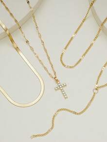 4pcs/Set Simple Cross, Rhinestone, Snakeskin Chain & Tassel Necklace Set For Women, Ideal For Date & Vacation. - Yellow Gold - View 3