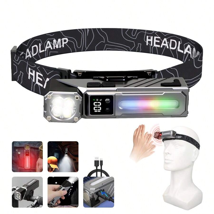1pc All-In-One Light! Type-C Rechargeable Magnetic Motion-Sensor Headlamp, Converts To Flashlight/Bike Light, With RGB Side Lights