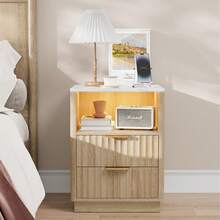 VOWNER Fluted Nightstand With RGB Lighting & Power Outlet, 2 Drawers For Storage, Bedside Table, Modern End Table For Bedroom, Living Room, Gifts For Christmas - Xem 3