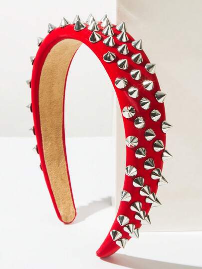 1pc Solid Color Faux Leather Fabric Wide-Banded Fashion Headband, Rivet Decor, High Quality, Suitable For Party, Versatile & Sweet