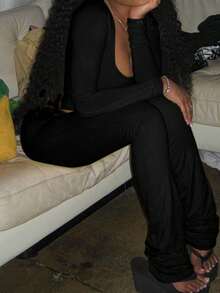 Onicee 女士夏季加大码黑色方领褶皱长袖上衣和裤子套装，适合狂欢节、约会、聚会、派对、旅行、度假、海滩等场合。 - 黑色 - 查看 5