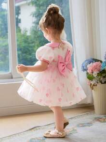 Baby Girls' Pink Round Neck Puff Sleeve Bow Tulle Elegant Princess Dress, Cute Party Dress Suitable For Girls' Birthday, Valentine's Day, Wedding, Banquet, Holiday Celebration - Pink - View 7