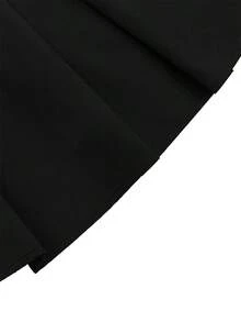 Women's Elegant Fashion Pleated Shoulder Patchwork Fabric Tie-Waist A-Line Midi Dress With Hooded Sleeves, Spring/Summer Black - Black - View 5