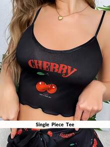 女士舒适樱桃印花睡衣上衣 - 黑色 - 查看 1