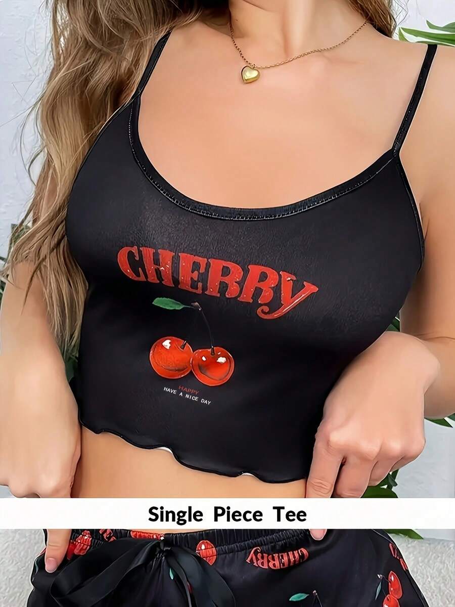 女士舒适樱桃印花睡衣上衣 - 黑色 - 查看 1