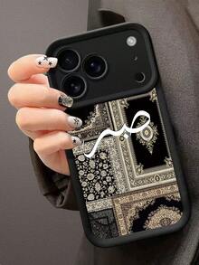 黑色金色波斯地毯图案搭配阿拉伯书法图案手机壳，创意个性化高端中东红色图案标语设计，黑色磨砂质感全包覆式防尘防水软壳，兼容 17/16/15/14/13/12/11/Pro/ProMax/X/XR/XS/XSMAX/7/8/PLUS和Galaxy机型，生日和节日送给朋友、家人、情侣的理想礼物。 - 黑色 - 查看 2