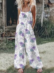 Botanical Print Wide-Leg Jumpsuit: 100% Polyester Strapless Romper With Side Pockets For Garden Vacations, Resort Style And Casual Outings For Women. - 混合色 - 查看 2