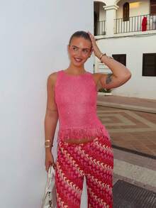 FOR BEAUTY Women's Shiny Knit Camisole Top, Solid Pink Round Neck Sleeveless Tank Top With Fringe Hem, Casual Vacation Style, Suitable For Beach, Travel, Boho, Summer Wear, Party, Sequin Top - Hot Pink - View 6