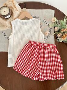 女童草莓刺绣套装，夏季针织无袖背心+红白格子短裤，清新甜美风格，儿童两件套，柔软透气，宽松版型，时尚百搭，适合夏季女童穿着 - 紅色 - 查看 2