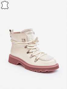 Elegant Leather Women's Combat Boots GOE MM2N4082 Premium, Made Of High-Quality Natural Leather, Insulated, Lace-Up Flat Heel, Classic And Comfortable For Autumn And Winter Black White - White - View 1