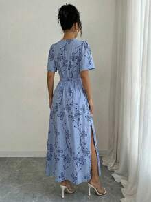 Long Floral Dress, Spring/Summer Style, Evangelical Fashion, With Elastic Waistband And Removable Tie Belt. - 藍色 - 查看 4