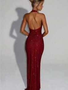 Women's Suspender Wedding Guest Dress Sexy Deep V Sleeveless Neck Dress Temperament Sequins Backless Skinny Evening Dress Waist Hip Dress - 紅色 - 查看 3