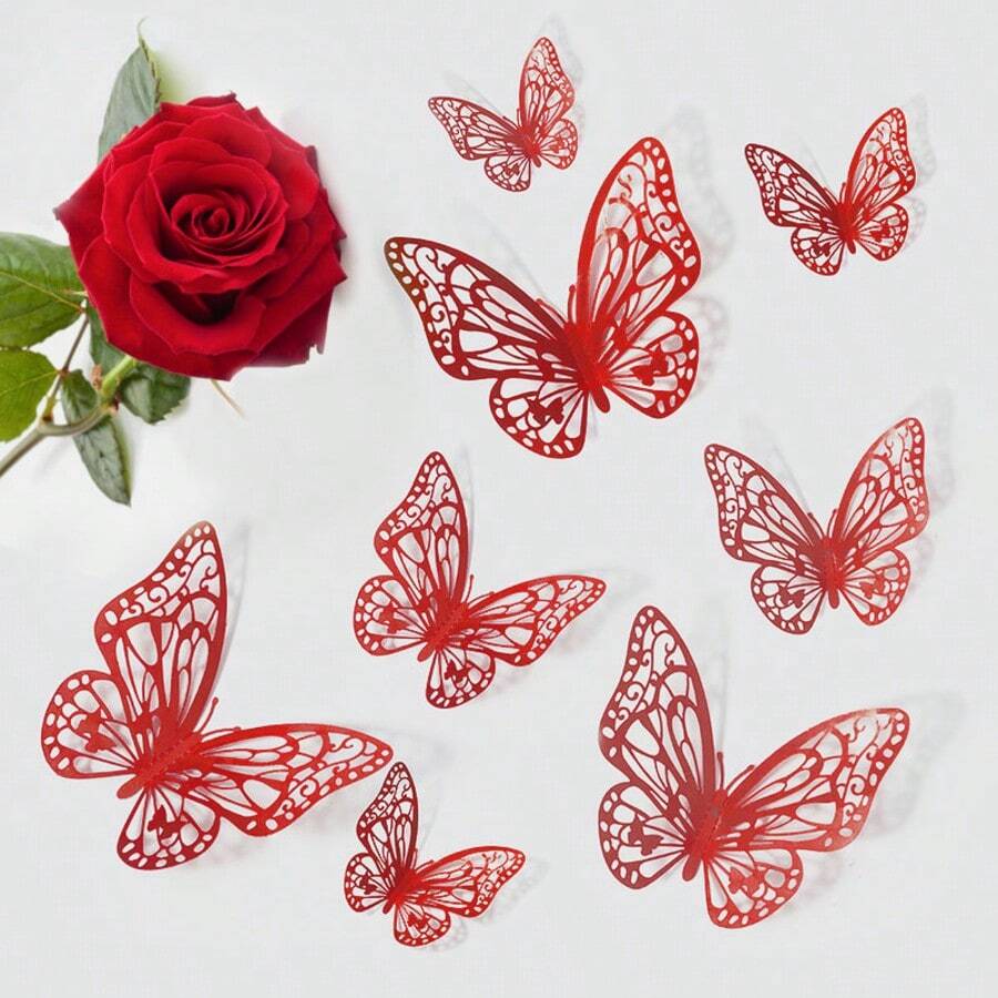 12pcs 3D Hollow Red Butterfly Stickers - Red - View 1