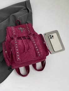 Y2K Streetwear Studded Flap Backpack For Women; Multifunctional Fashion Drawstring Shoulder Bag; Multi-Pocket Lightweight Travel Bag; Large Capacity Minimalist Student Backpack; Portable Backpack Suitable For Students, Nurses, Teachers, Business Professionals, Travel, Commuting, Shopping, Office, Dating, Hiking, Training, Work, Birthday Gift, Holiday Gift - Multicolor - View 7