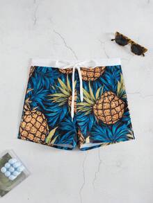 Men's Casual Fashionable Tropical Pineapple Print Drawstring Swim Trunks - Drawstring Beach Shorts, Suitable For Beach, Pool And Holiday Occasions - Multicolor - View 7