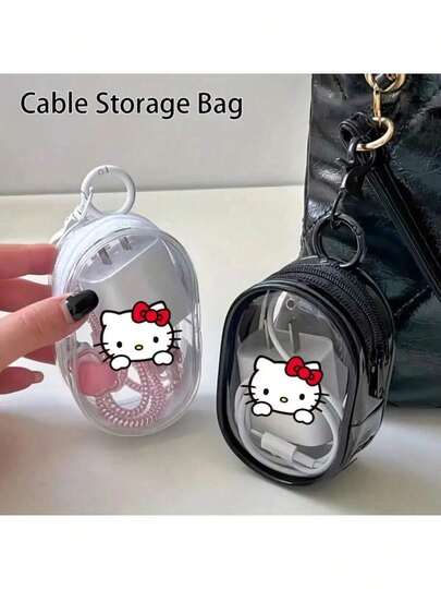 Sanrio 1个可爱三丽鸥Hello Kitty便携迷你时尚拉链收纳包透明数码包带钥匙扣，可装耳机和充电器，小巧便携，耐用拉链封口，是送给女孩和三丽鸥粉丝的完美旅行日常礼物。