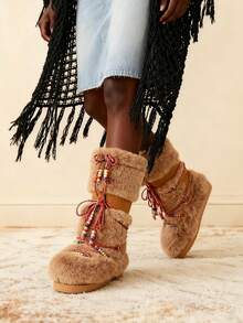 Faux Fur Boots For Women Winter Snow Boots Platform Lace Up Round Toe Boots Warm Snow Shoes Fluffy Winter Boots - 駝色 - 查看 1