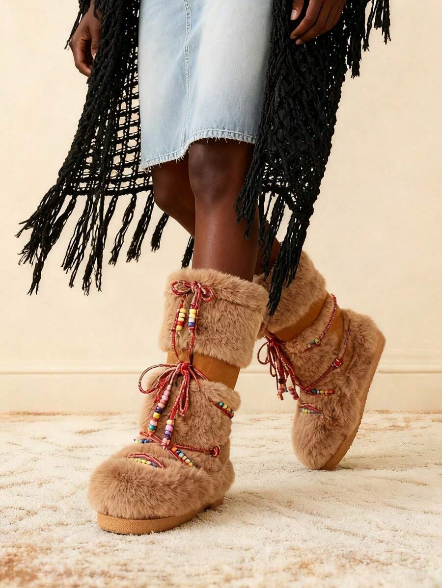 Faux Fur Boots For Women Winter Snow Boots Platform Lace Up Round Toe Boots Warm Snow Shoes Fluffy Winter Boots - 駝色 - 查看 1