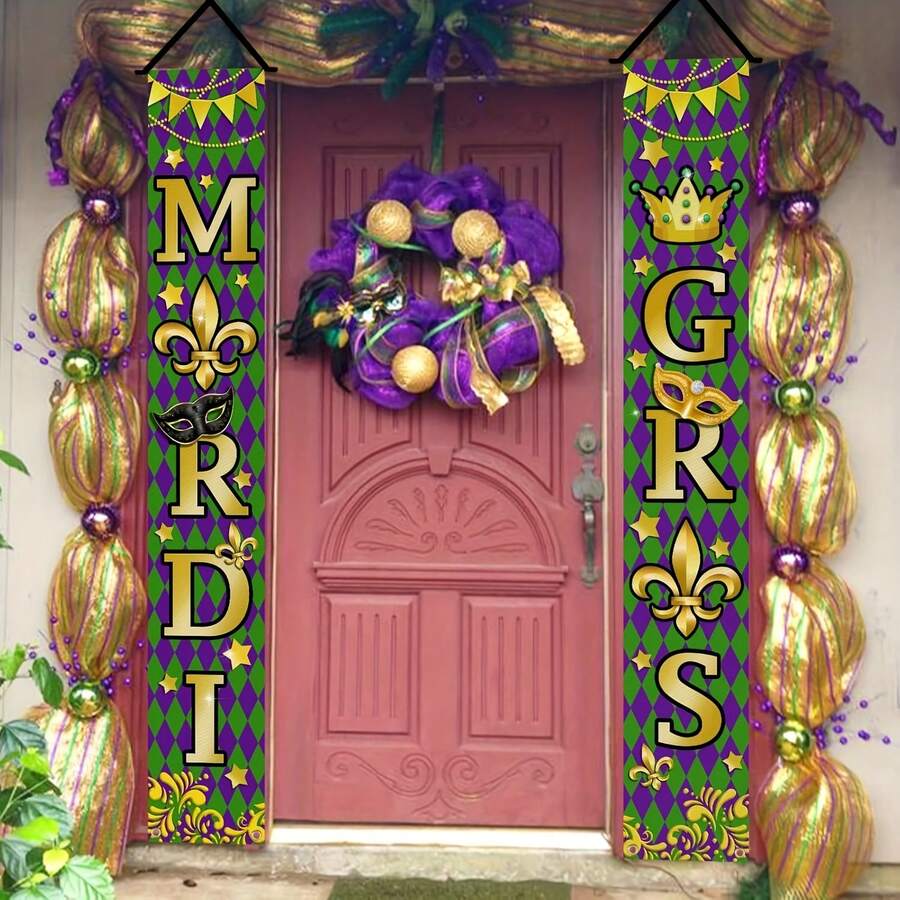 1Pair Gras Porch Banner Sign Purple Golden Carnival Front Door Decorative Hanging Welcome Banner Flag Masquerade Party Seasonal Decoration Home Outdoor Indoor Decor - Multicolor - View 1