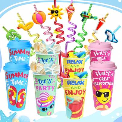 8pcs Cups & 8pcs Straws Summer Beach Set, Hawaii Themed Beach Party Supplies, Reusable Beach Party Cups, Candy Cups For Birthday Party, Home & Event Party Essential Kit, Great Gift
