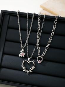 3件套可爱时尚的心形、火焰、星星水钻吊坠项链套装，百搭日常佩戴 - 彩色 - 查看 2