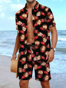 Customized Hawaiian Vacation Shirt And Shorts Set For Men, Personalized With Portrait, For Boyfriend, Friend, Child's Anniversary, Birthday, Holiday - Multicolor - View 4