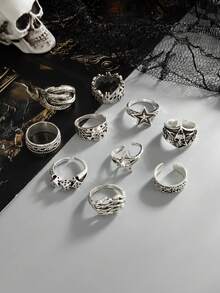 10pcs/Set Vintage Dark Style Open Rings, Dice/Feather Multi-Element Ring Set, Unisex, Suitable For Casual Wear With Hoodies/ Outfits - Silver - View 6